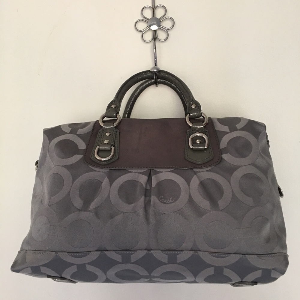 Coach Ashley Satchel Handbag Monogram Jacquard Gray Shoulder Strap Handle - Picture 2 of 13